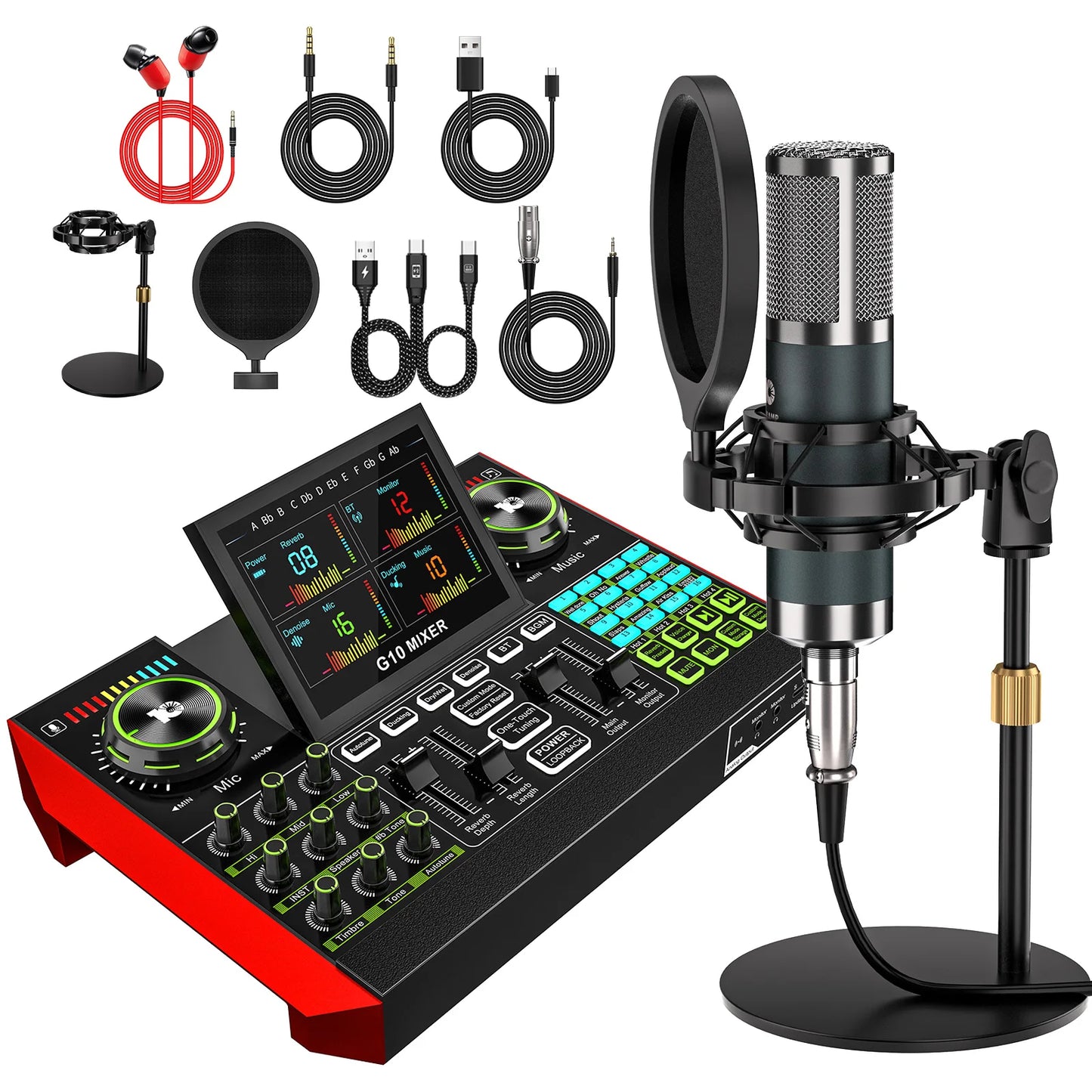 Tenlamp Voice Changer, Denoise,Live Sound Board Audio Mixer,Podcast Equipment Bundle with 3.5mm Condenser Microphone(P15) for Pc/Phone，Studio Professional Recording, Electronic Music Mixer Power Conditioner Karaoke Machine