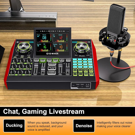 Tenlamp G10 Podcast Equipment Bundle 6 Channel with 3.5mm Microphone and Live Sound Card,RGB Streaming with XLR Gaming Audio Interface Professional Mixer for Podcasting, Influencers, Kols, Singing, Gaming, And Djing for PC Sm