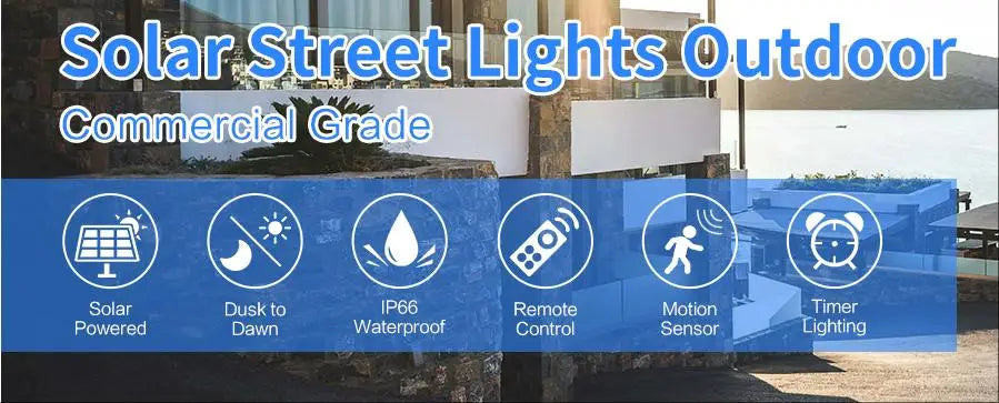 Solar Street Light Outdoor Motion Sensor Dusk to Dawn LED Security Flood Light Remote Control IP66 Waterproof for Parking Lot Garage Yard