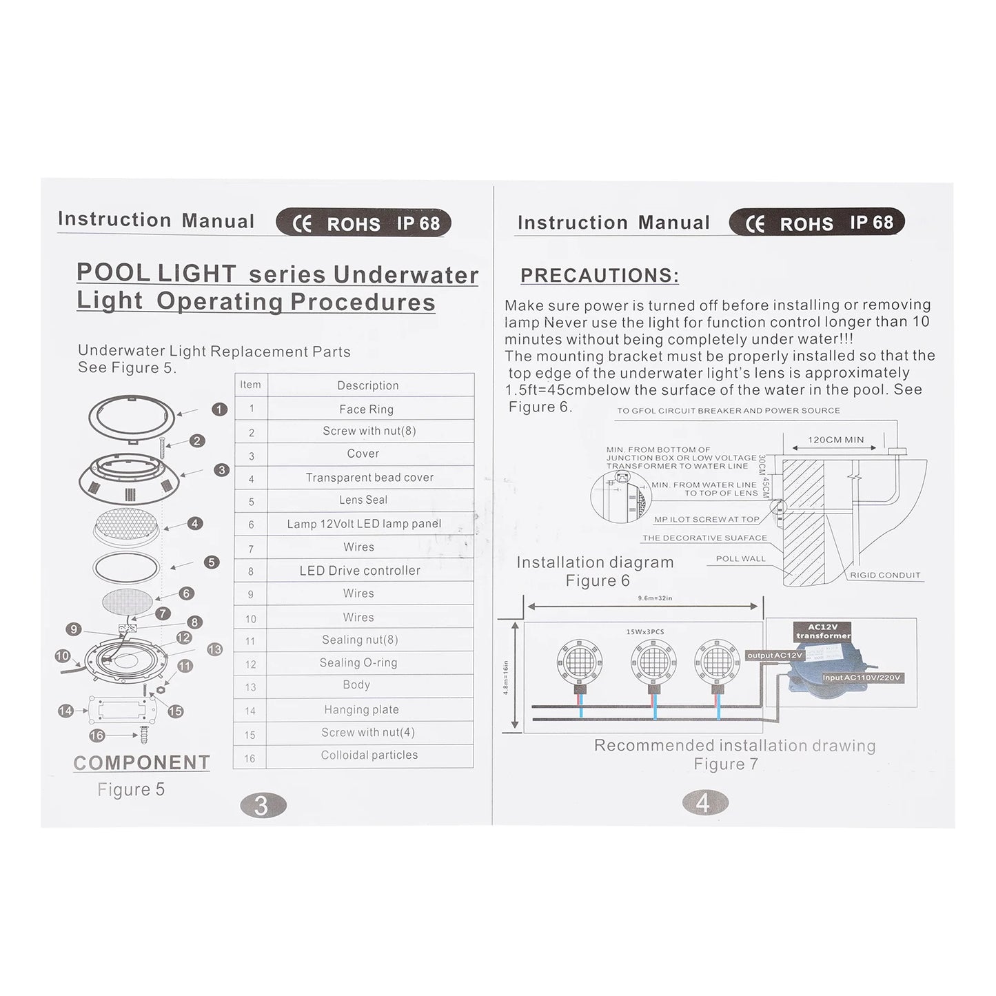 45W RGB LED Underwater Swimming Pool Light IP68 Waterproof 7 Colors Changing Underwater Pool Lights with Remote Control