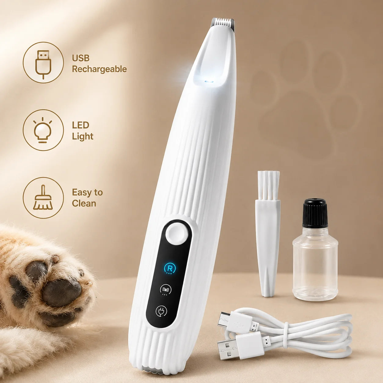 1Pc USB Rechargeable Pet Paw Trimmer with LED Light, Low Noise Dog Cat Hair Clipper for Paws, Face, Ears & Detail Grooming