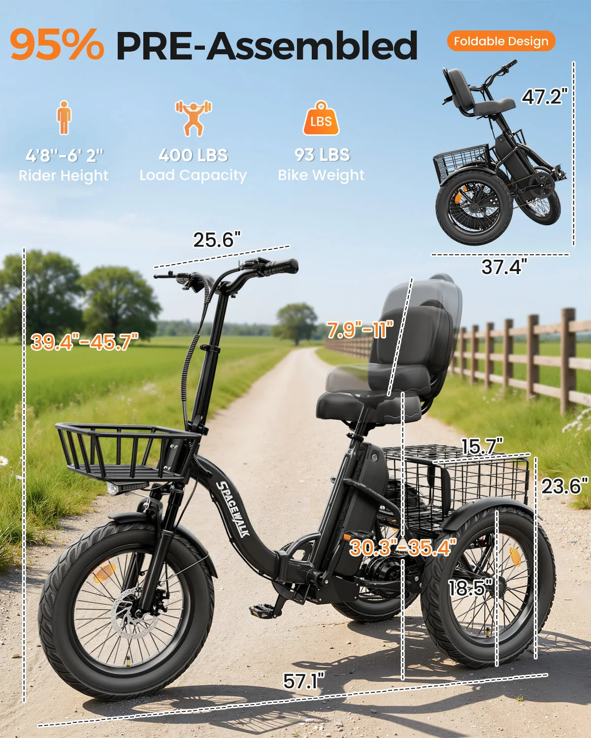 EILLEO SPACEWALK Folding Electric Tricycle with Cargo Basket