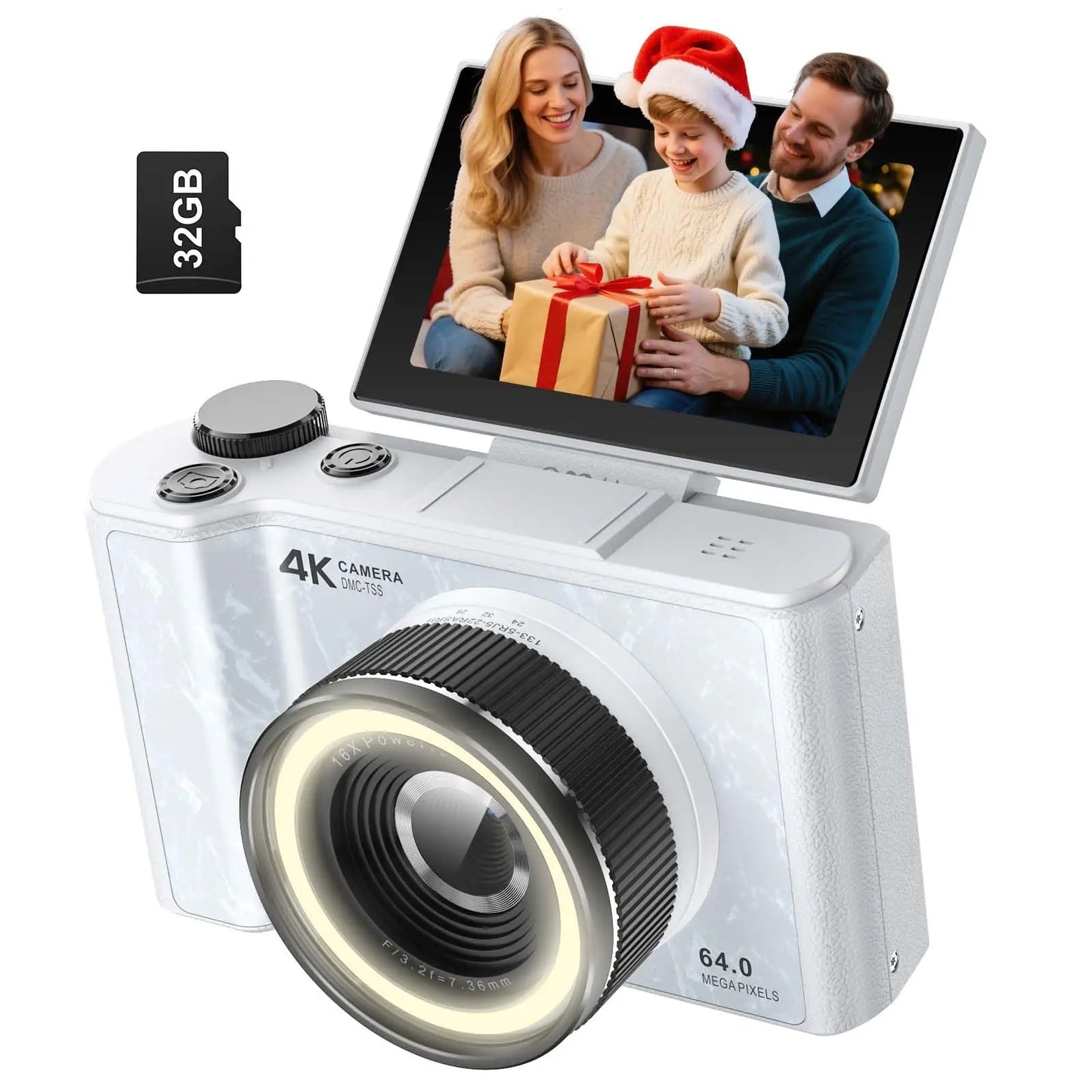 4K Digital Camera for Photography,4k Camera with Ring Light，180° Flip Screen Camera for Vlogging with Beauty Mode,Point and Shoot Digital Cameras for Beginner with SD Card，Christmas Gift