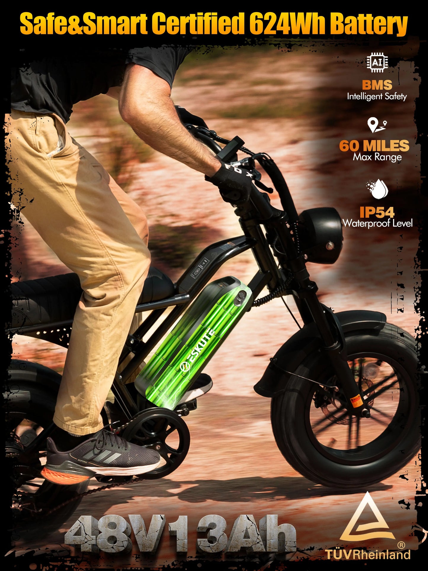 Eskute V100 Electric Dirt Bike, 1500W Peak 28MPH 48V13Ah Battery Motorcycle, All Terrain Dual Suspension E Bike 28MPH Top Speed, Ebike Up to 60 Miles Range, 16"x4" Fat Tire,  7-Speed，UL2849