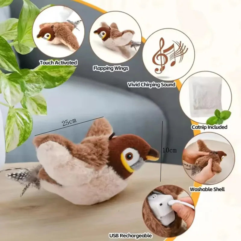 Touch Activated Chirping Plush Bird Interactive Toy For Cats