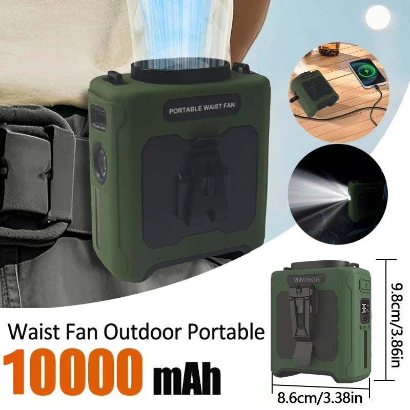 10000mAh Portable Neck Fan Cooling Rechargeable Hands-free Waist Clip Fan with Flashlight for Outdoor Travel Camping Power Bank
