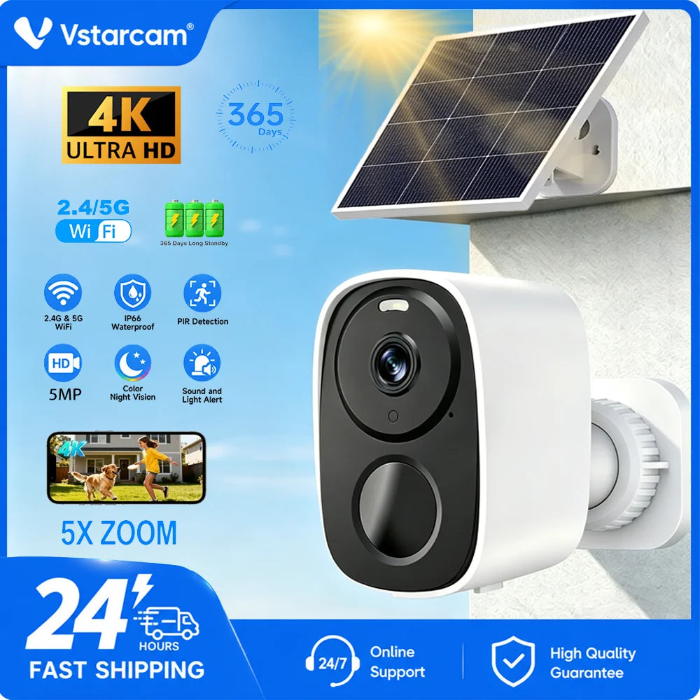 Vstarcam 4K WiFi Solar Security Battery Camera 5MP Wireless Outdoor Battery Powered Cameras Color Night Vision PIR Human Motion Cam