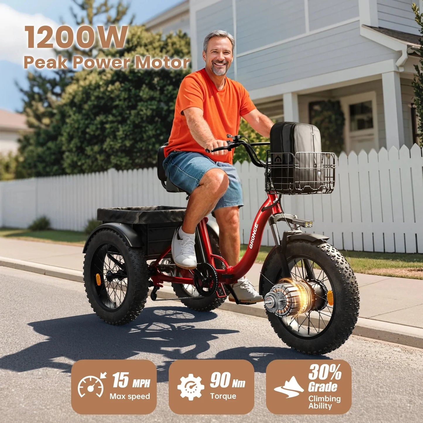 QRONGE Electric Bike for Adults 1200W Peak 36V 20AH Battery Folding Electric Tricycle 75 Miles Range Max 20MPH 20"*4" Fat Tire Electric Trike