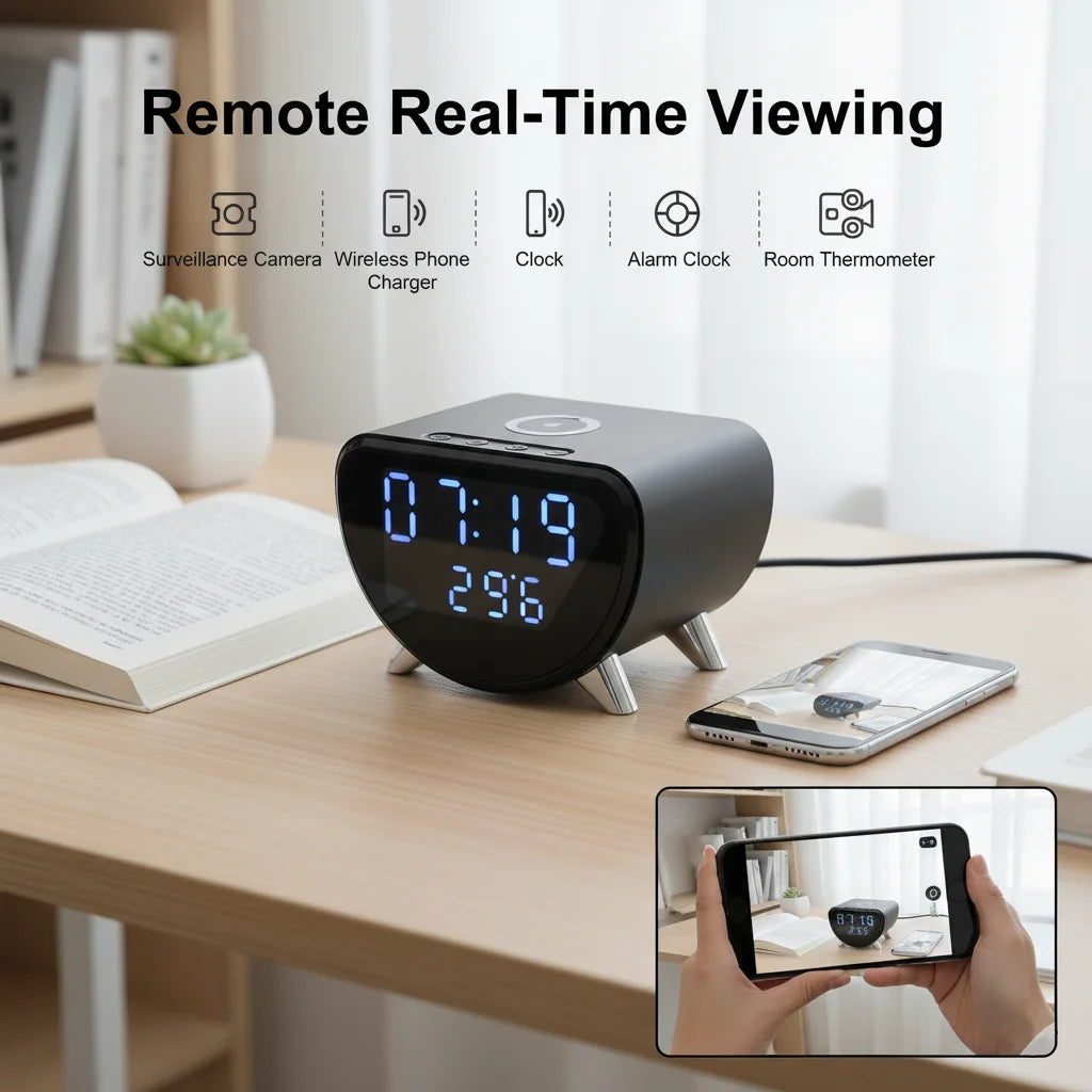 4K UHD WiFi Clock Camera, Indoor Surveillance with Motion Detection, Remote Real-Time View & Video Recording, Qi Wireless Charging Compatible, Suitable for Home Office Warehouse, Elegant Minimalist Design, TF Card Storage (No