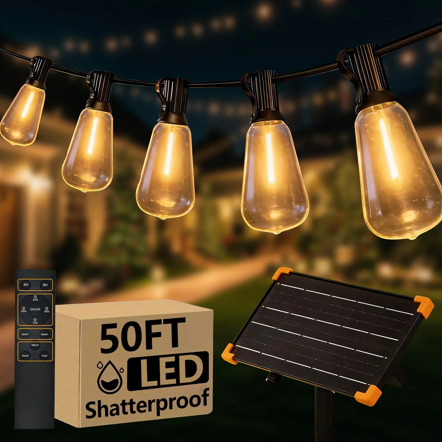 50FT ST38 Solar String Lights, 2700K Warm White, Black Wire, E12, Solar Powered with Remote, Waterproof Outdoor Patio Lights