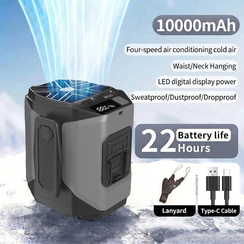 10000mAh Portable Neck Fan Cooling Rechargeable Hands-free Waist Clip Fan with Flashlight for Outdoor Travel Camping Power Bank