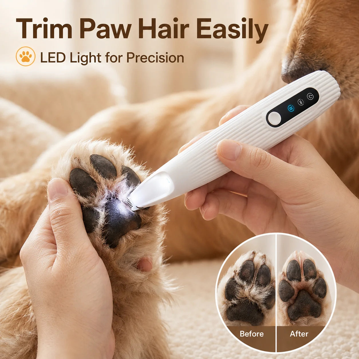 1Pc USB Rechargeable Pet Paw Trimmer with LED Light, Low Noise Dog Cat Hair Clipper for Paws, Face, Ears & Detail Grooming