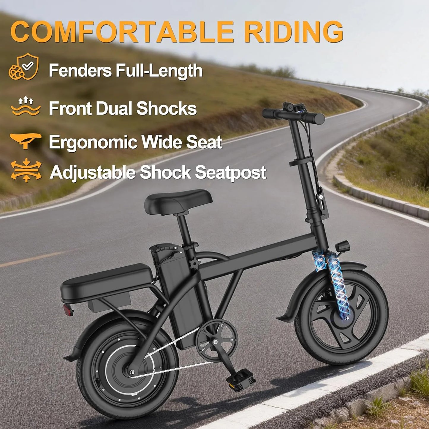 14'' Foldable Electric Bike 500W Motor 48V Battery 22MPH Max Speed 30Miles Long Range with Two Seats for Adult Mini E Bike