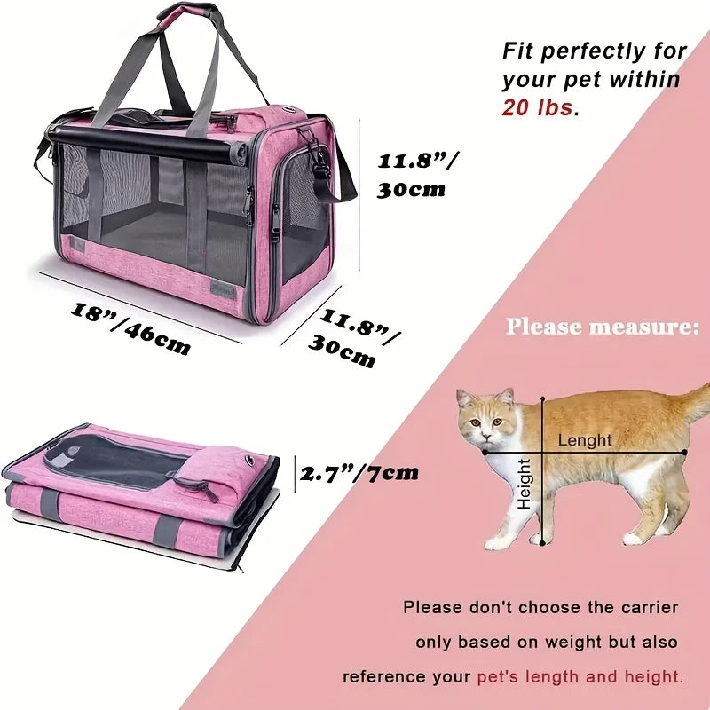 Airline Approved Soft Sided Pet Carrier Bag Collapsible Breathable Mesh Travel Crate for Medium Cats Small Dogs with Free Leash and Collar Set Oxford Cloth Portable Transport Handbag