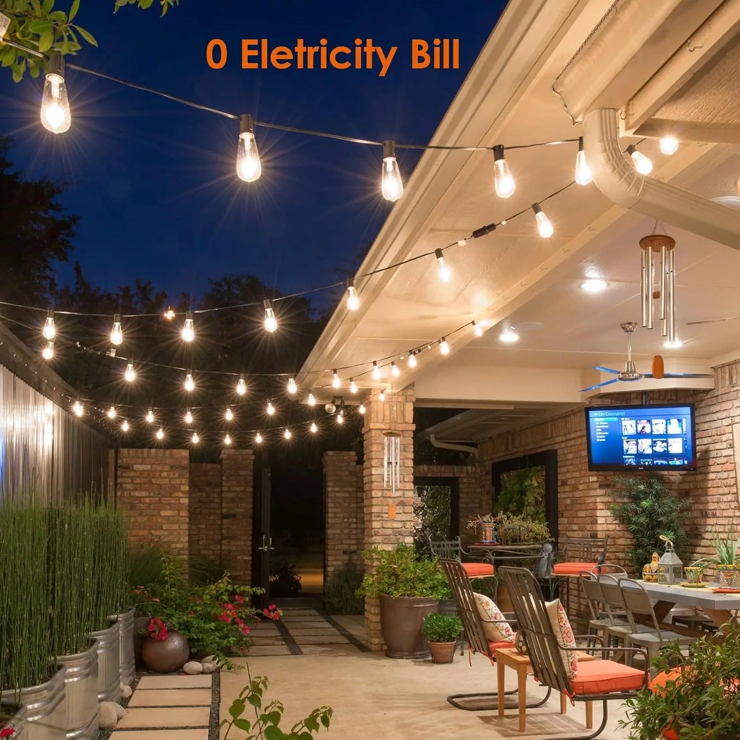 50FT ST38 Solar String Lights, 2700K Warm White, Black Wire, E12, Solar Powered with Remote, Waterproof Outdoor Patio Lights