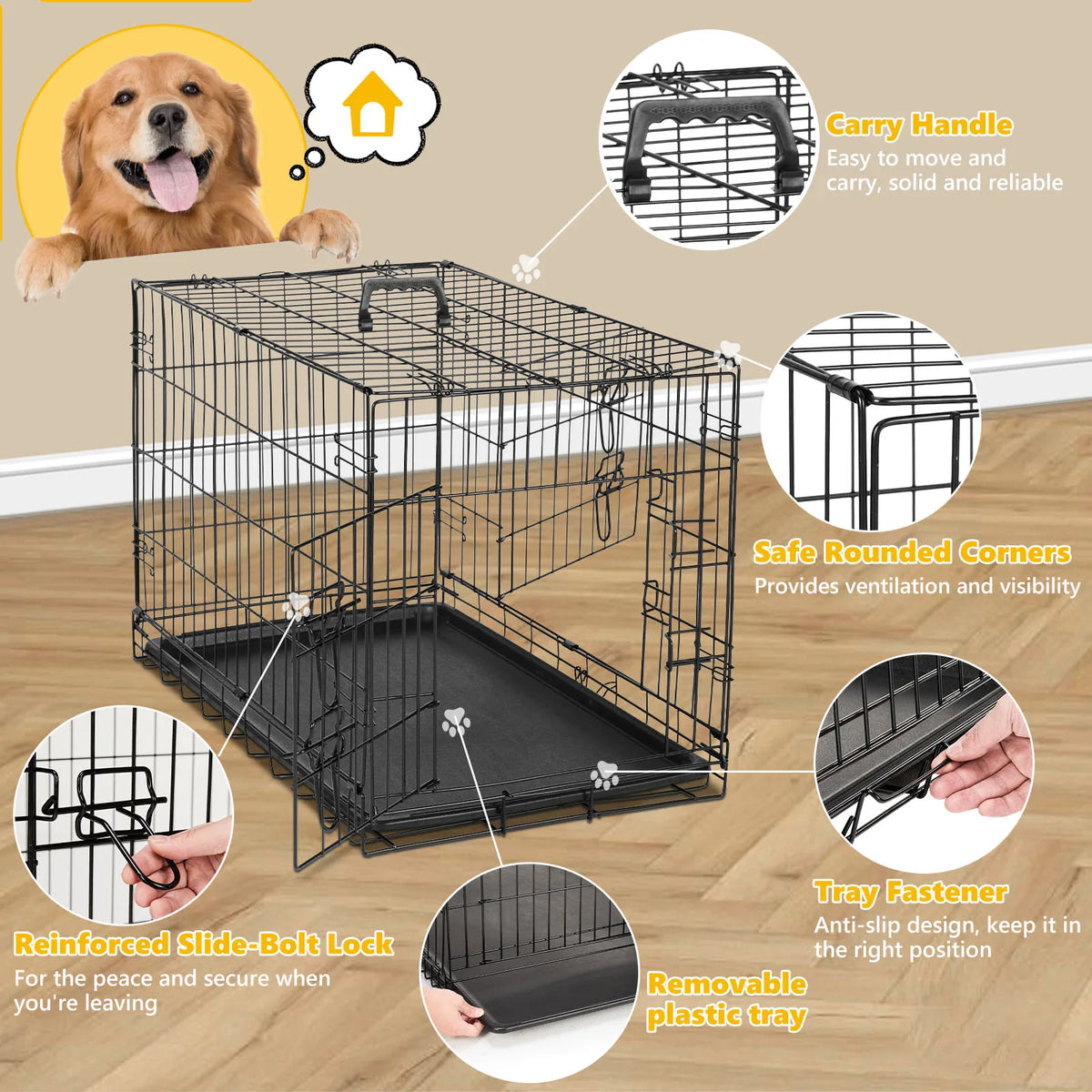 JHK Folding Metal Wire Dog Kennel With Leak Proof Tray